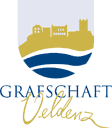 Logo der Grafschaft Veldenz. Wappen mit schemenhafte Burg und Mosel Flusslauf.